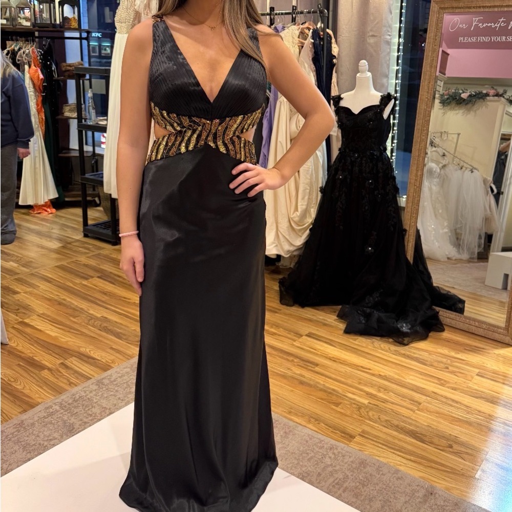 La Femme Black and Gold Prom Dress